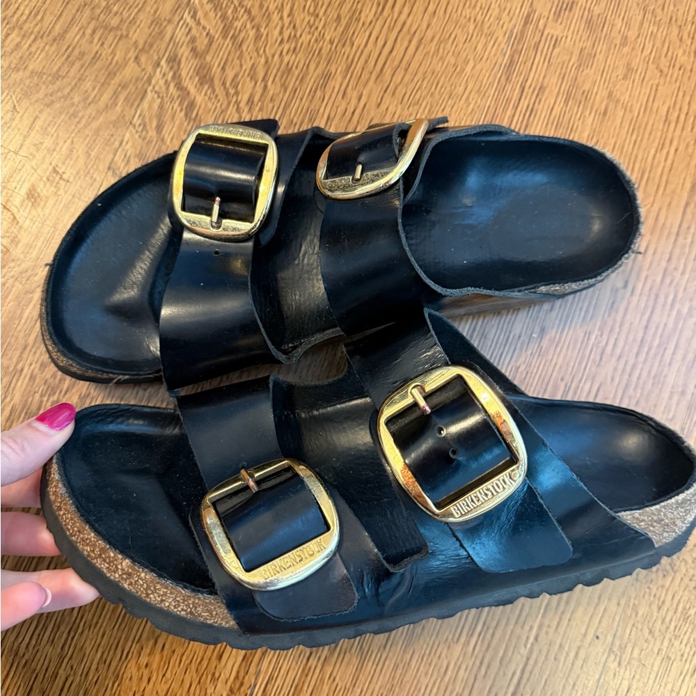 Birkenstock Black Slide Sandals Arizona Gold big buckle Sz 40 9